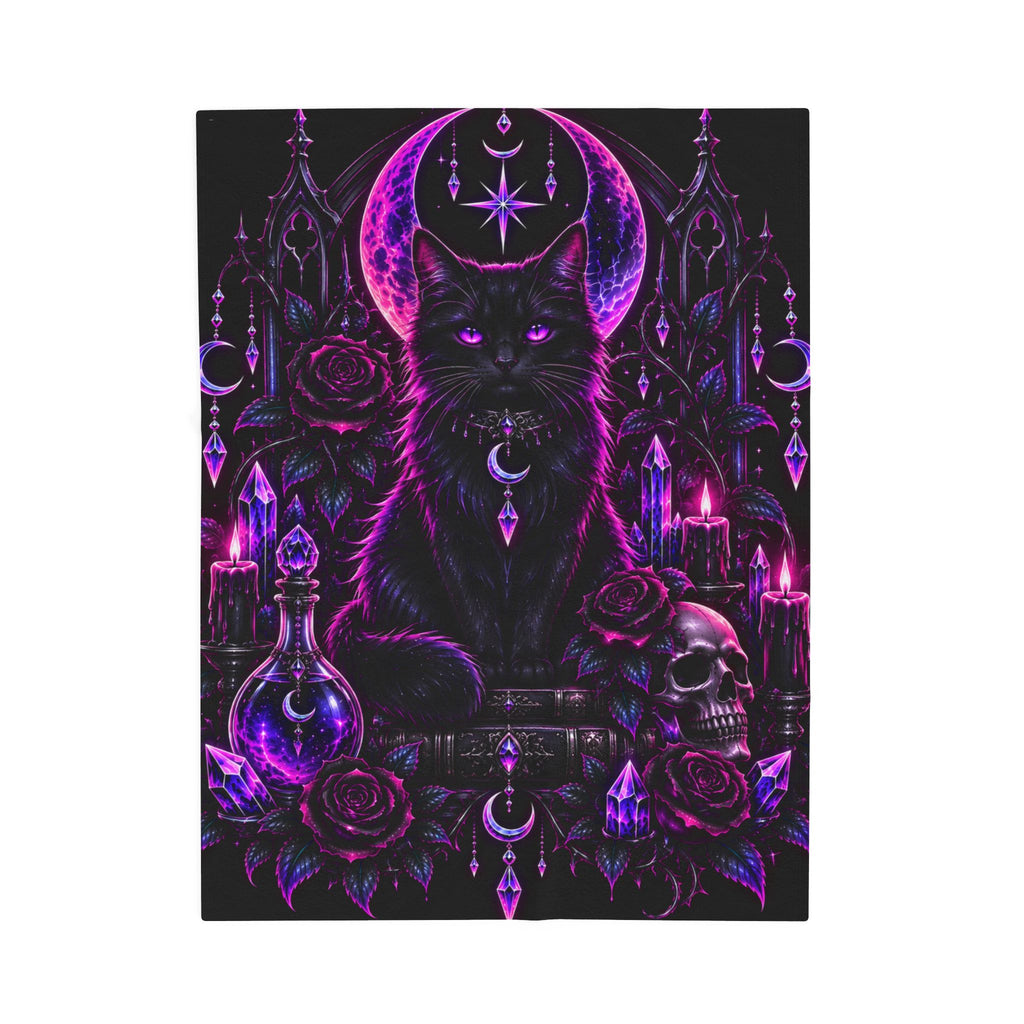 Neon Mystic Black Cat Velveteen Plush Blanket — Gothic Moon & Crystal Design