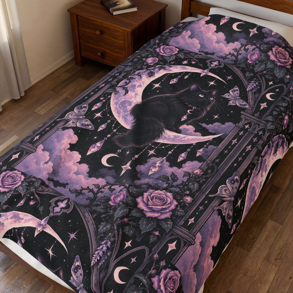 Pastel Mystic Moon Cat Velveteen Plush Blanket — Gothic Black Cat on Crescent Moon, Cozy Witchy Throw
