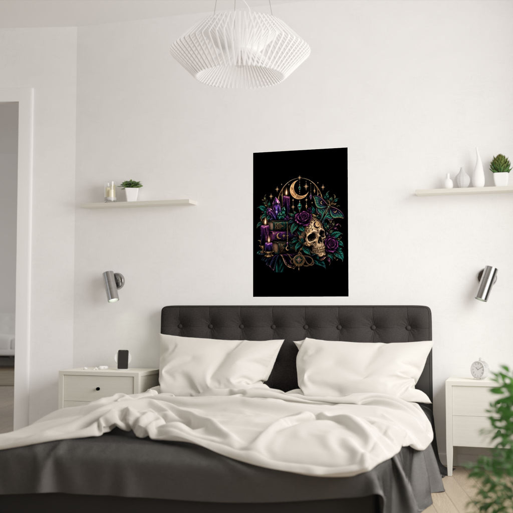 Jewel-tone Mystic Skull & Moon Satin Poster — Gothic Candle, Crystals & Moth Wall Art