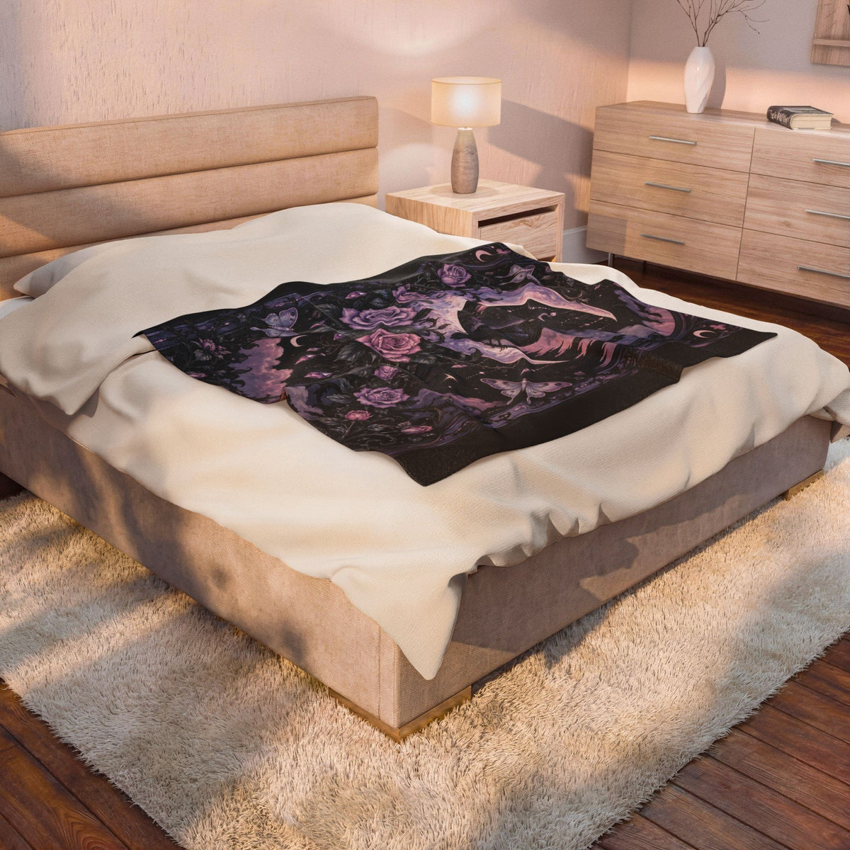 Pastel Gothic Moon Raven Velveteen Plush Blanket — Purple Floral Celestial Throw
