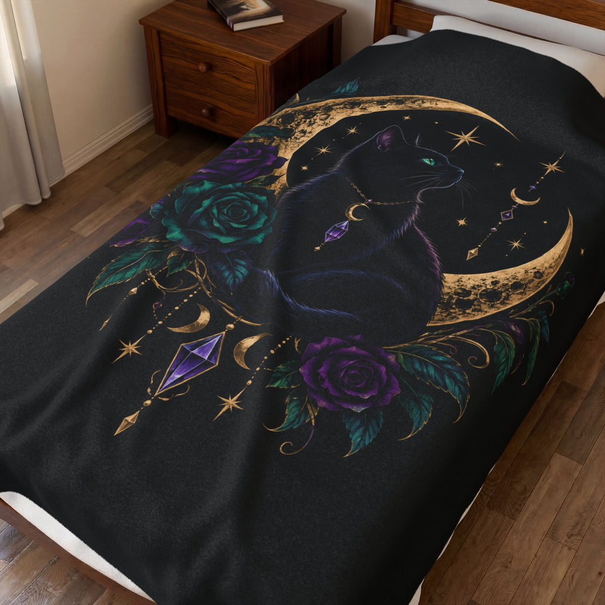 Jewel-tone Mystic Moon Cat Velveteen Plush Blanket