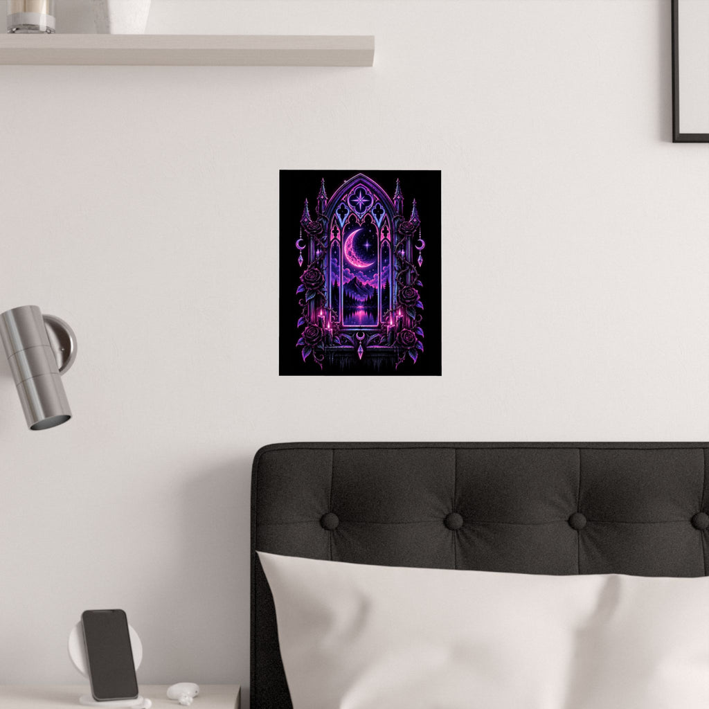 Neon Gothic Moonlight Satin Poster — Neon Purple Crescent Nightscape