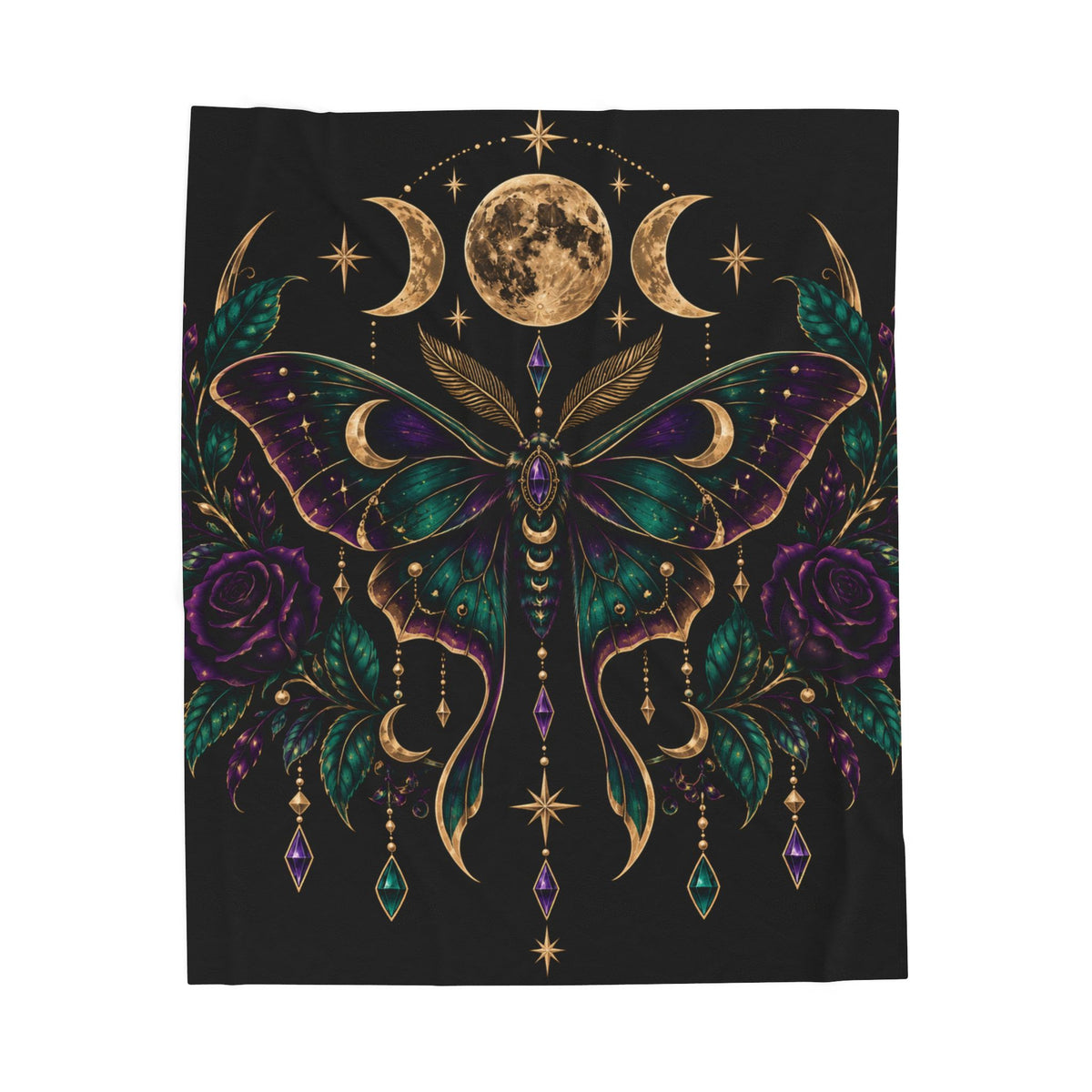 Jewel-tone Mystic Moon Moth Velveteen Plush Blanket