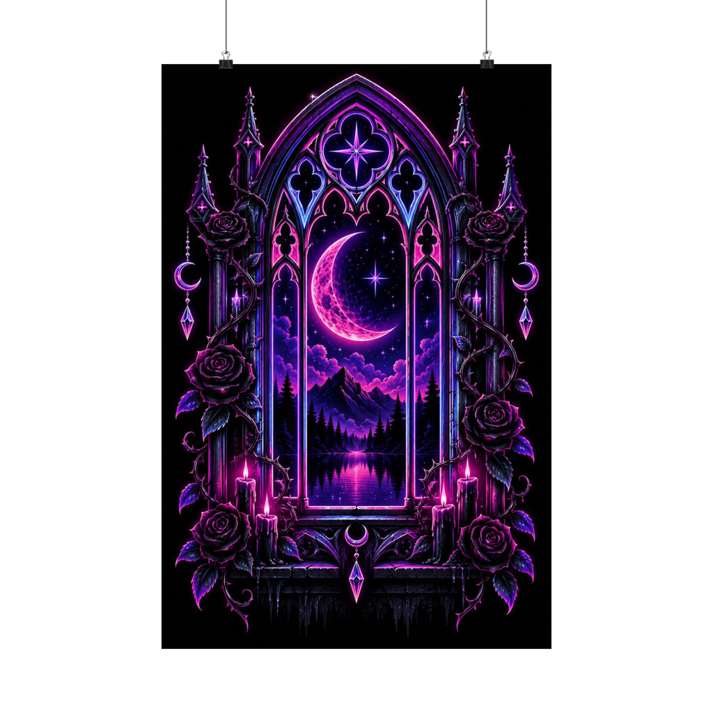 Neon Gothic Moonlight Satin Poster — Neon Purple Crescent Nightscape