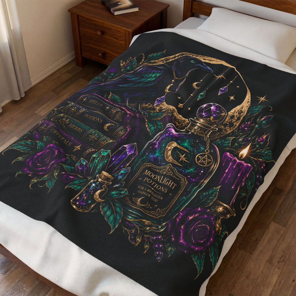 Jewel-tone Velveteen Plush Blanket — Moonlight Potions Raven Gothic Throw