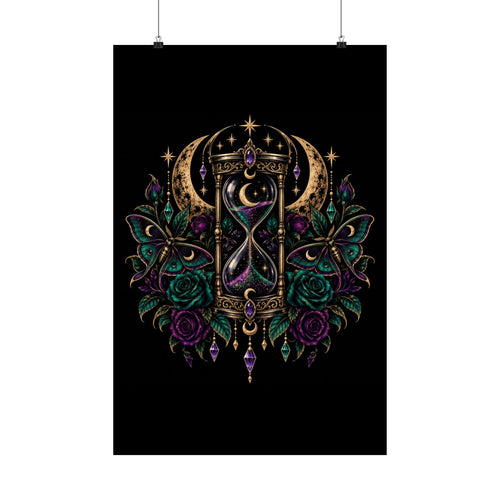 Jewel-tone Mystic Hourglass Satin Poster — Celestial Moon, Roses & Butterflies Wall Art