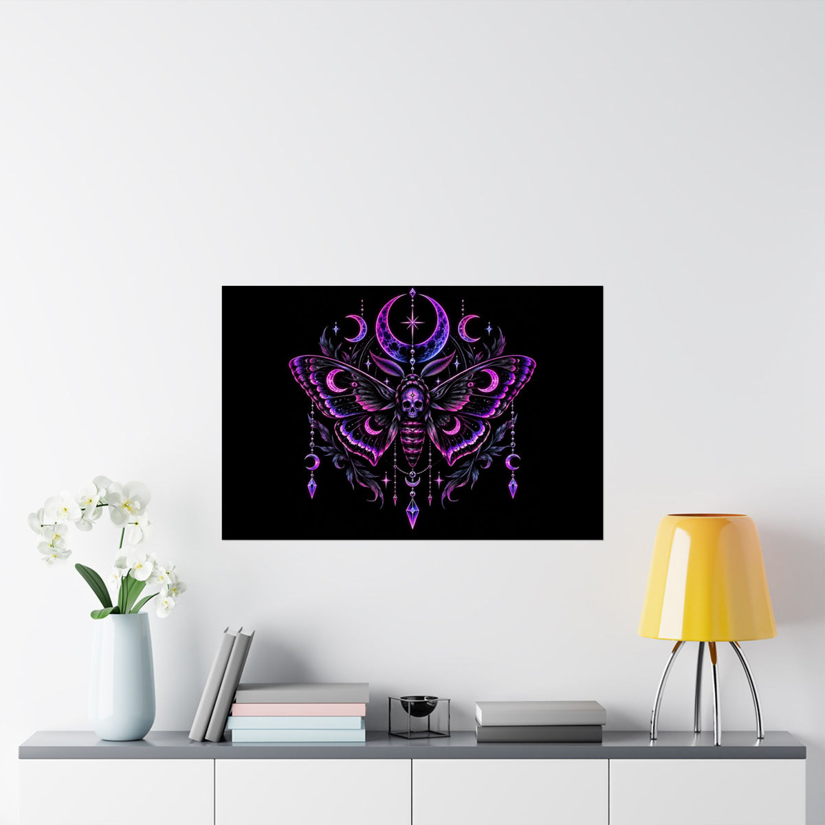 Neon Gothic Moon Moth Satin Poster — Neon Purple Skull Moth Wall Art