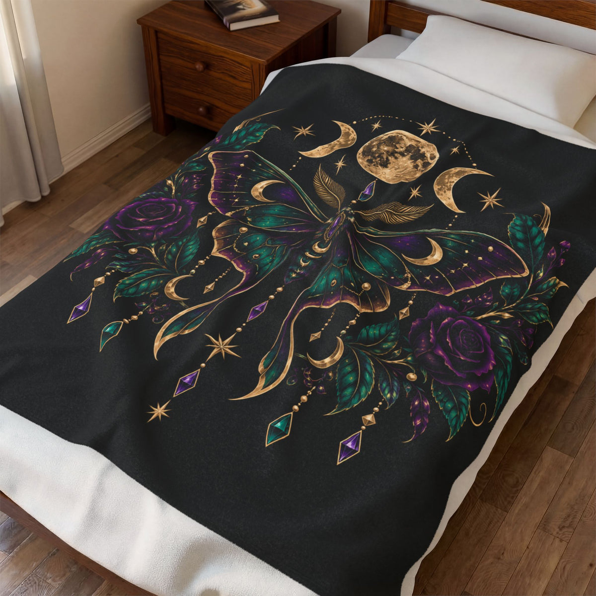 Jewel-tone Mystic Moon Moth Velveteen Plush Blanket