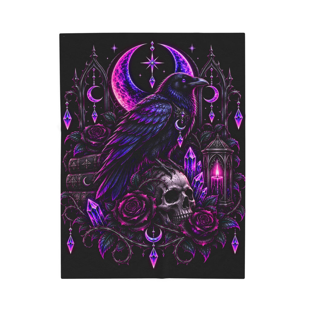 Neon Gothic Raven Moon Velveteen Plush Blanket — Skull, Roses & Crystal Lantern Throw