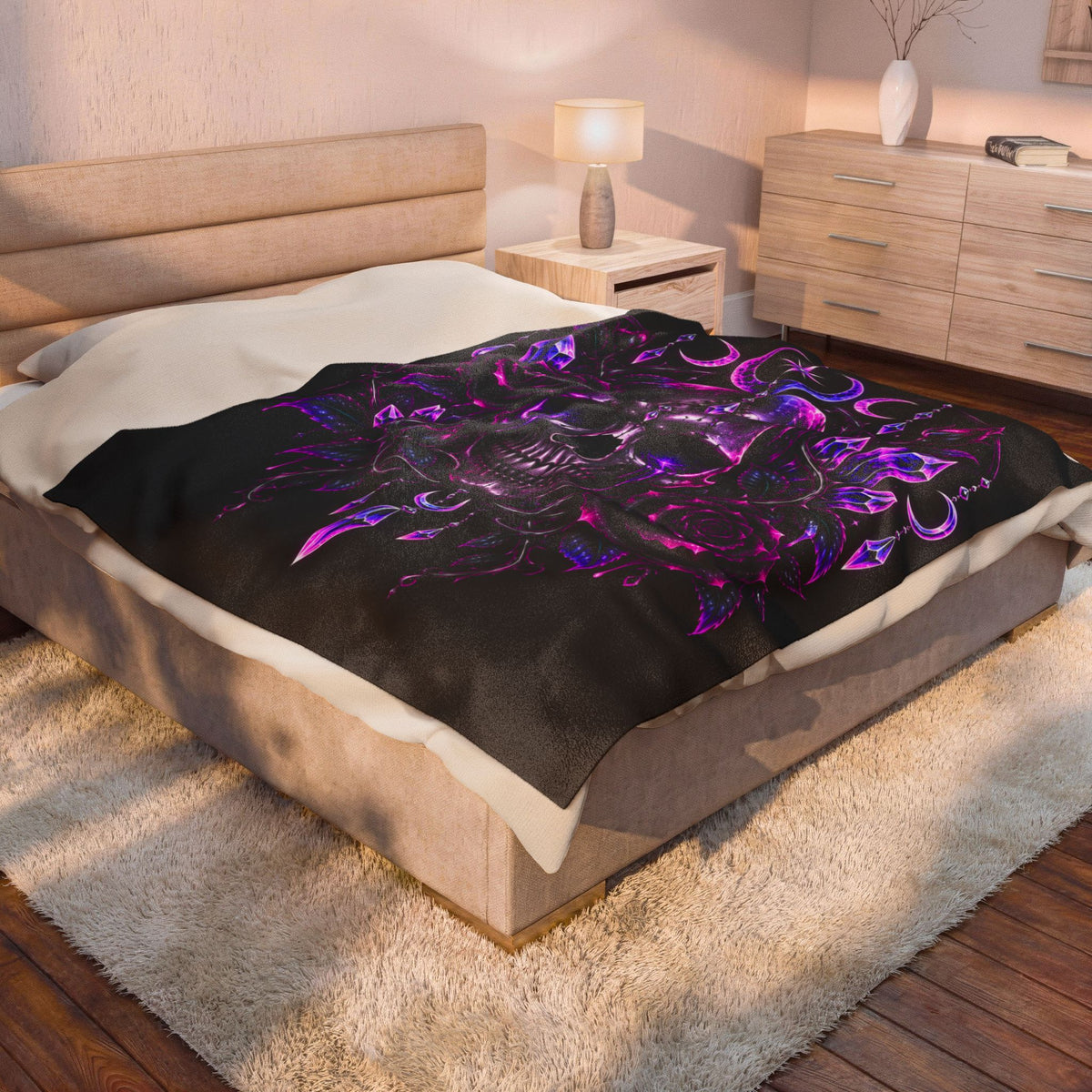 Neon Moonlight Rose Velveteen Plush Blanket — Neon Pink Crescent Moon & Stars