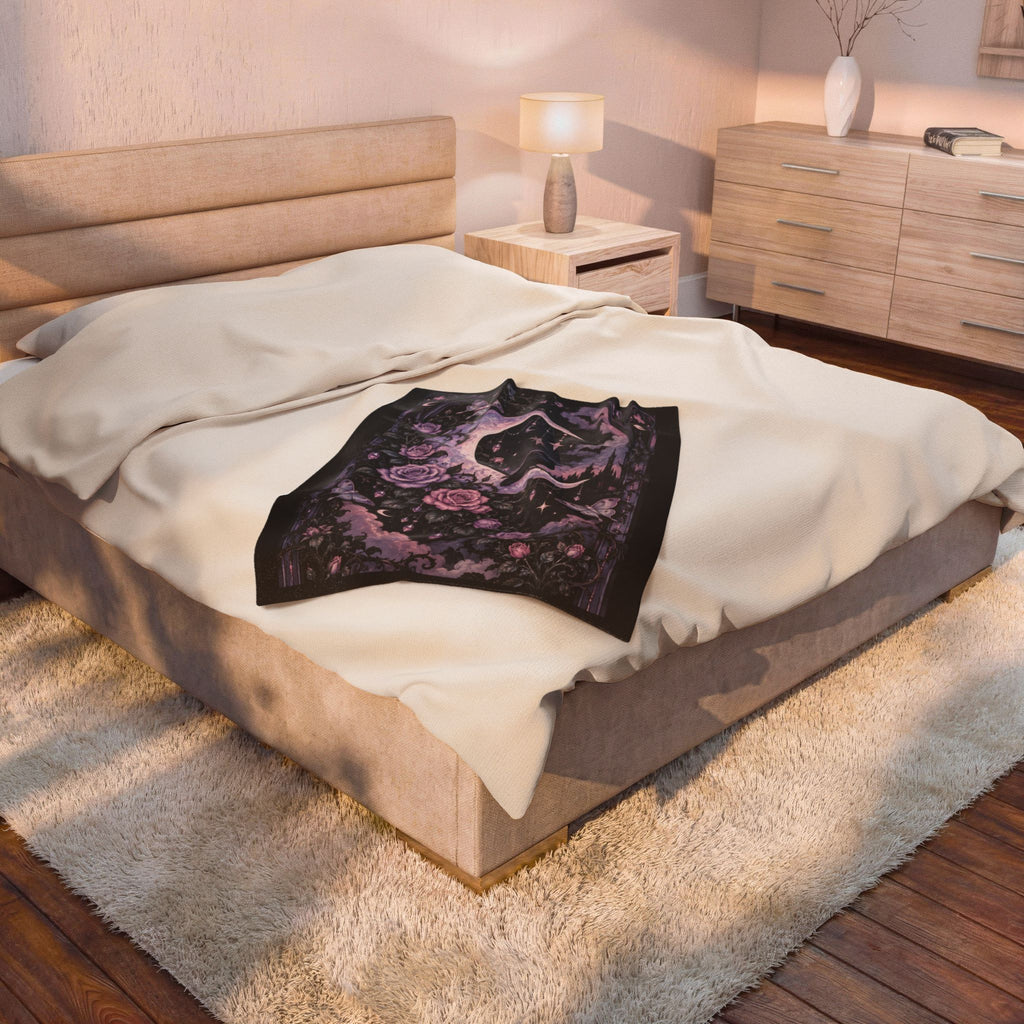 Pastel Gothic Moon Raven Velveteen Plush Blanket — Purple Floral Celestial Throw