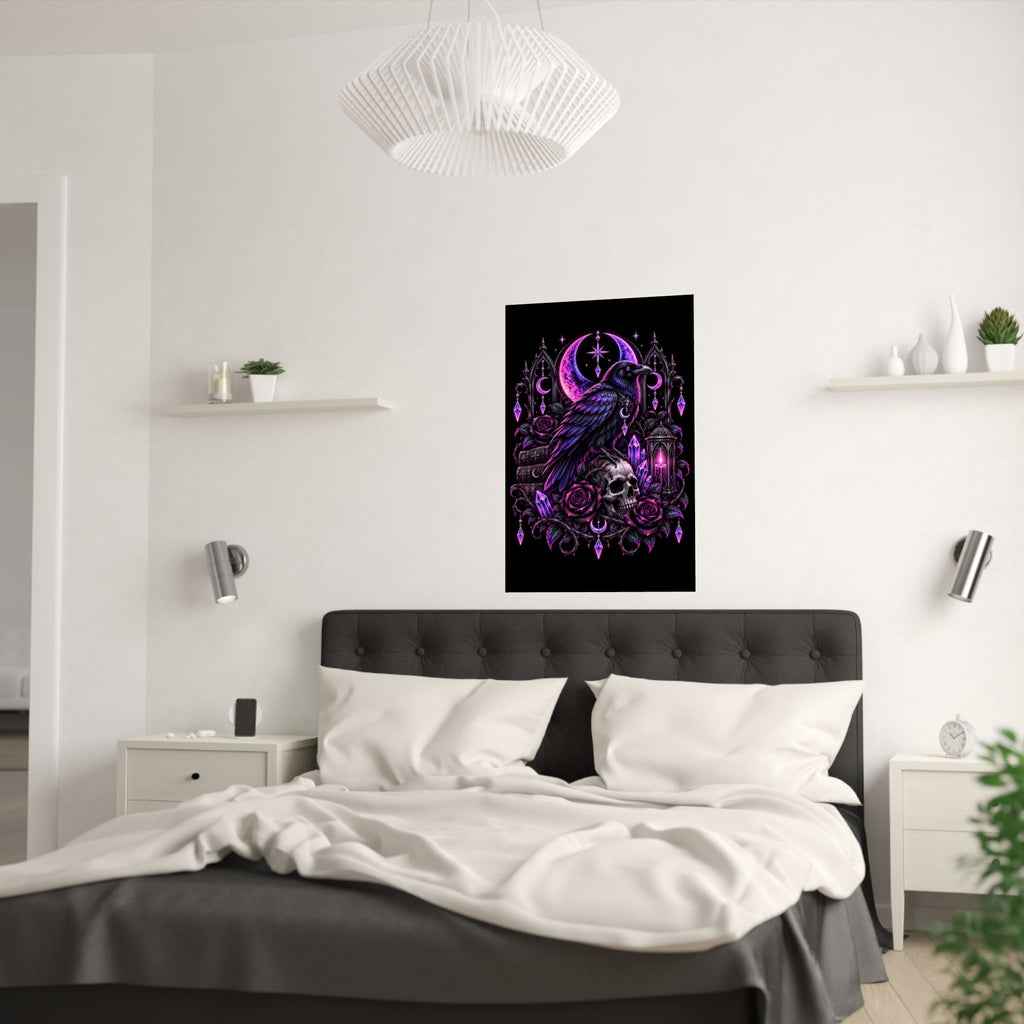 Gothic Raven Moon Satin Poster — Purple Skull & Crystal Wall Art