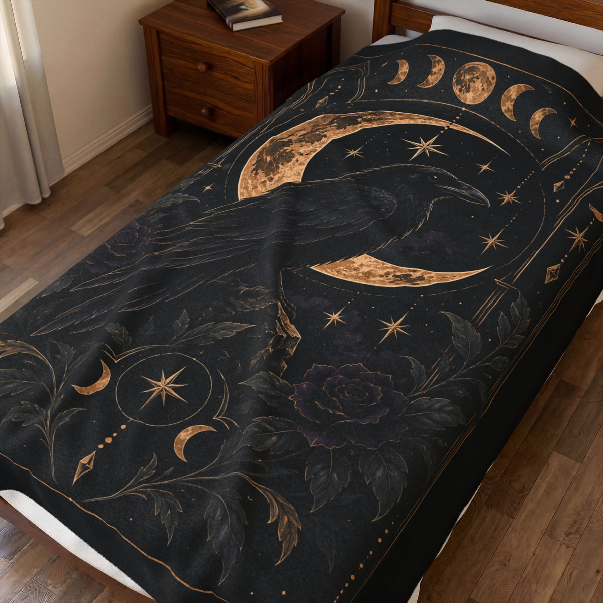 Shadow Velveteen Plush Blanket — Gothic Raven Moonlight Throw
