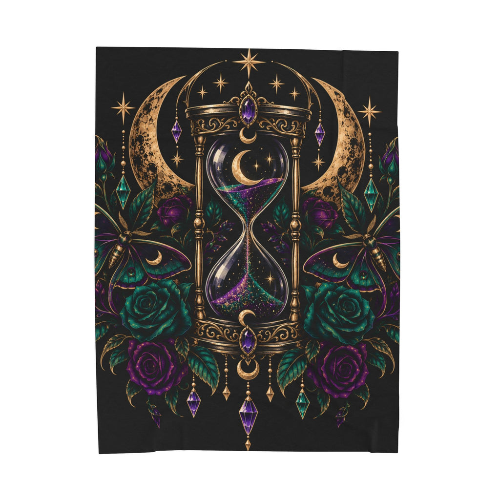 Jewel-tone Mystic Hourglass Velveteen Plush Blanket — Gothic Moon & Jewel Floral Throw
