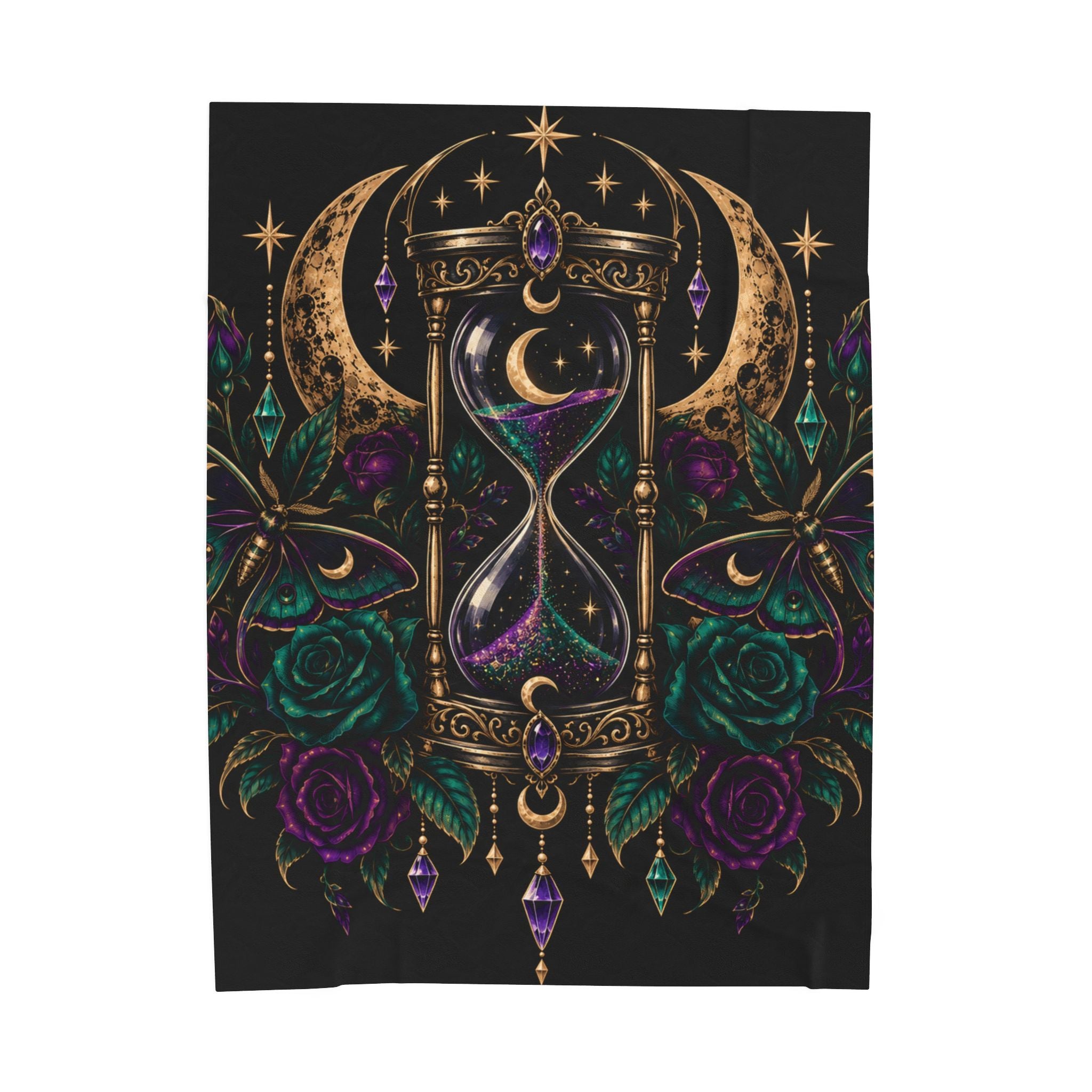 Jewel-tone Mystic Hourglass Velveteen Plush Blanket — Gothic Moon & Jewel Floral Throw