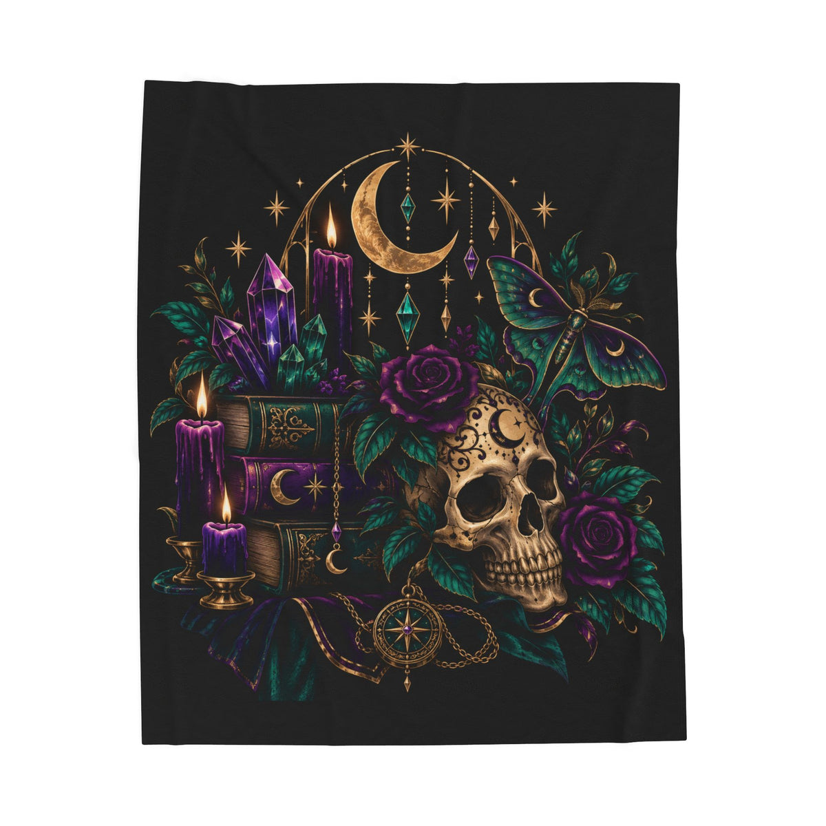 Jewel-tone Velveteen Plush Blanket — Gothic Moon & Skull Velvet Throw with Crystals, Roses, and Mystic Candles