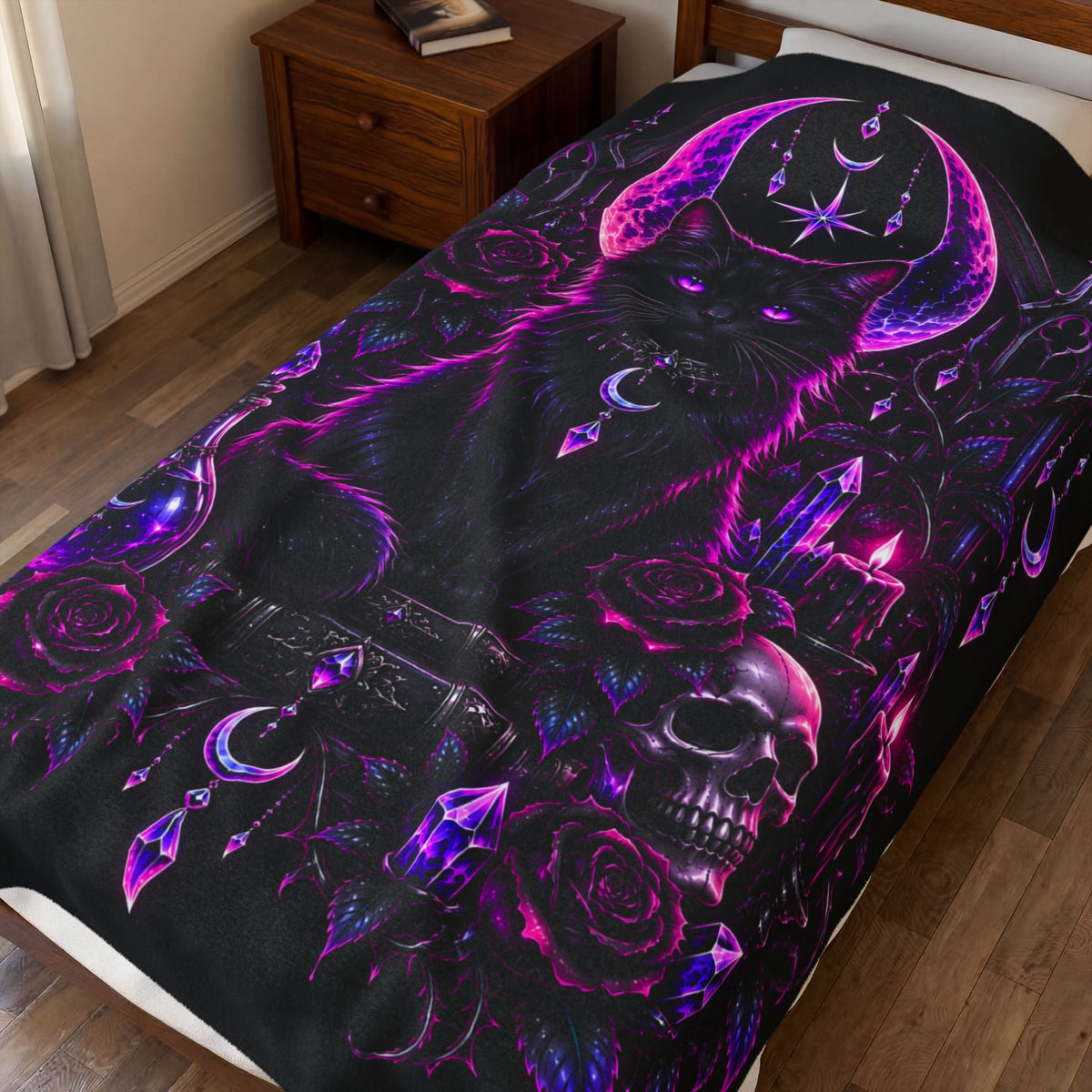 Neon Mystic Black Cat Velveteen Plush Blanket — Gothic Moon & Crystal Design