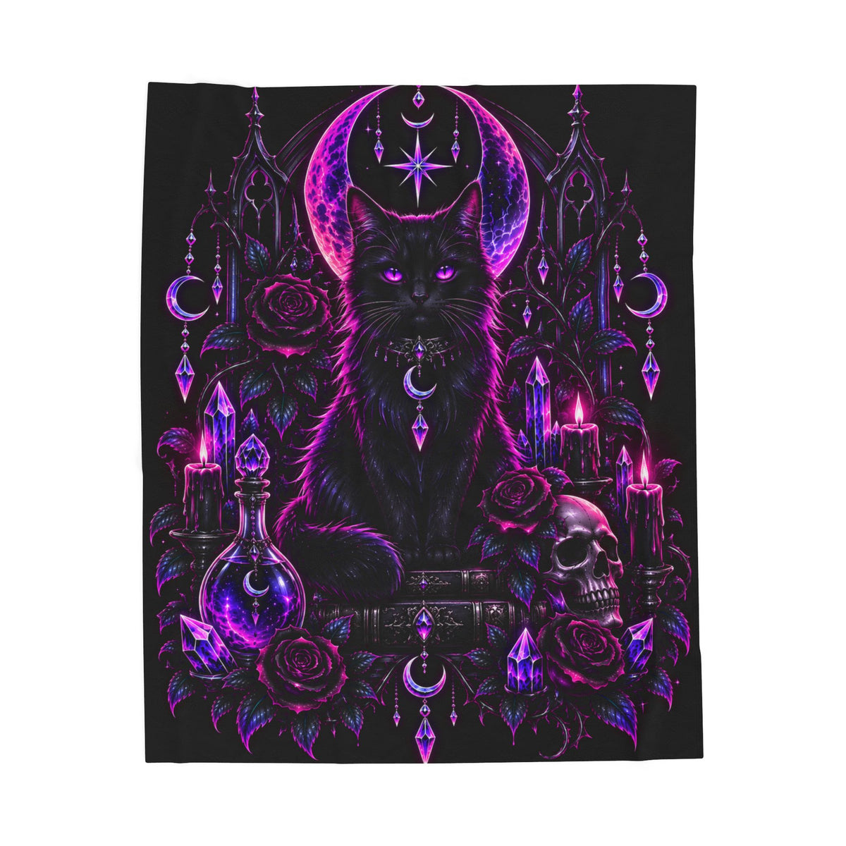 Neon Mystic Black Cat Velveteen Plush Blanket — Gothic Moon & Crystal Design