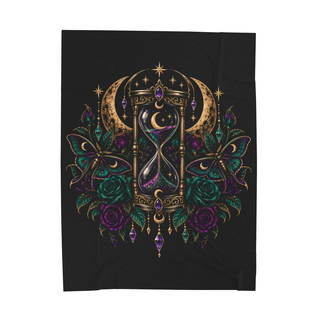 Jewel-tone Mystic Hourglass Velveteen Plush Blanket — Gothic Moon & Jewel Floral Throw