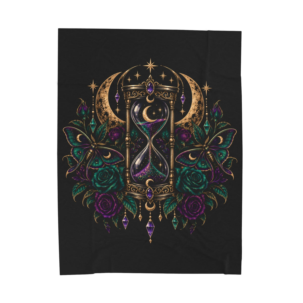 Jewel-tone Mystic Hourglass Velveteen Plush Blanket — Gothic Moon & Jewel Floral Throw