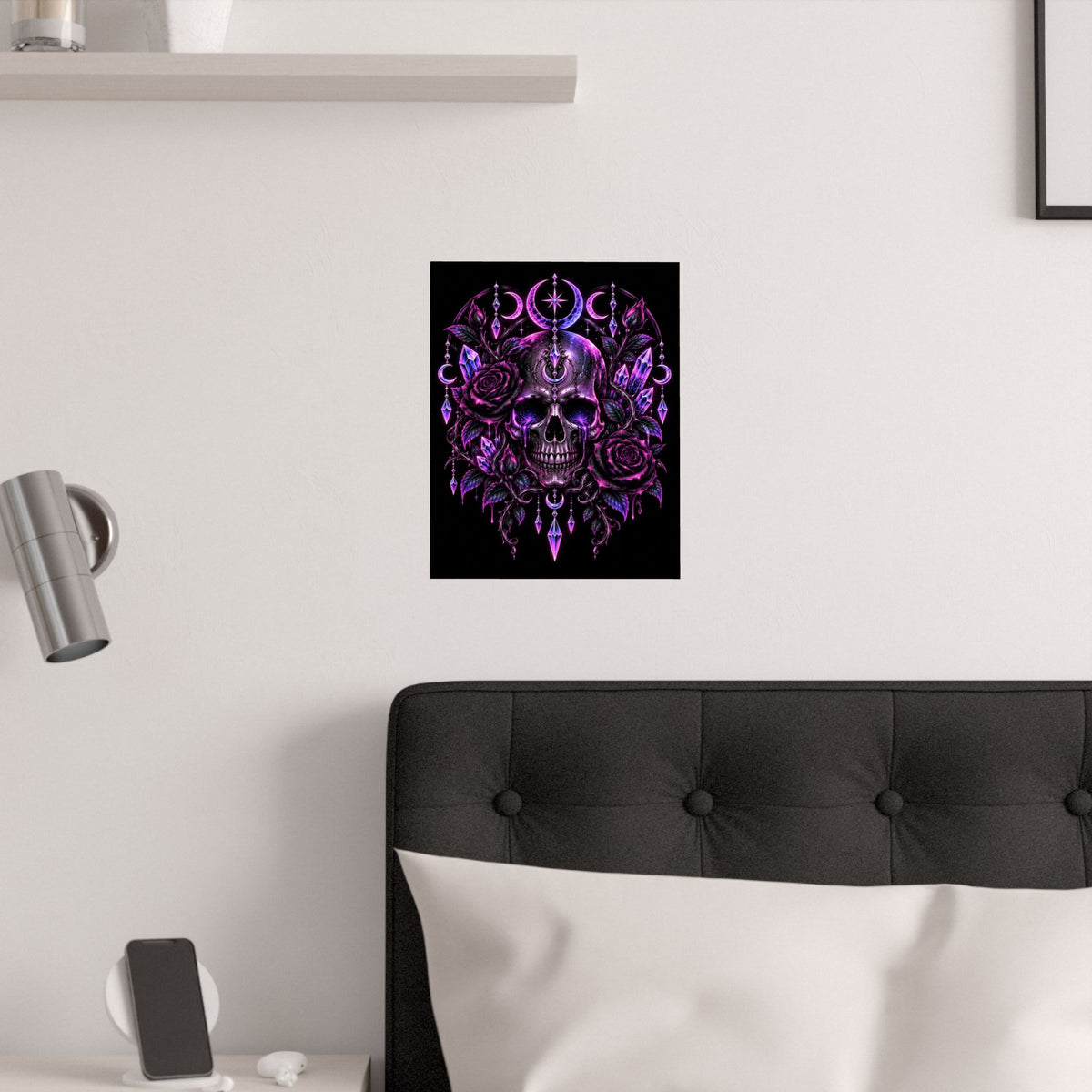 Neon Satin Poster — Mystical Purple Skull with Roses & Crystals