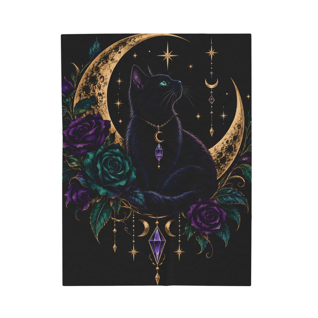 Jewel-tone Mystic Moon Cat Velveteen Plush Blanket