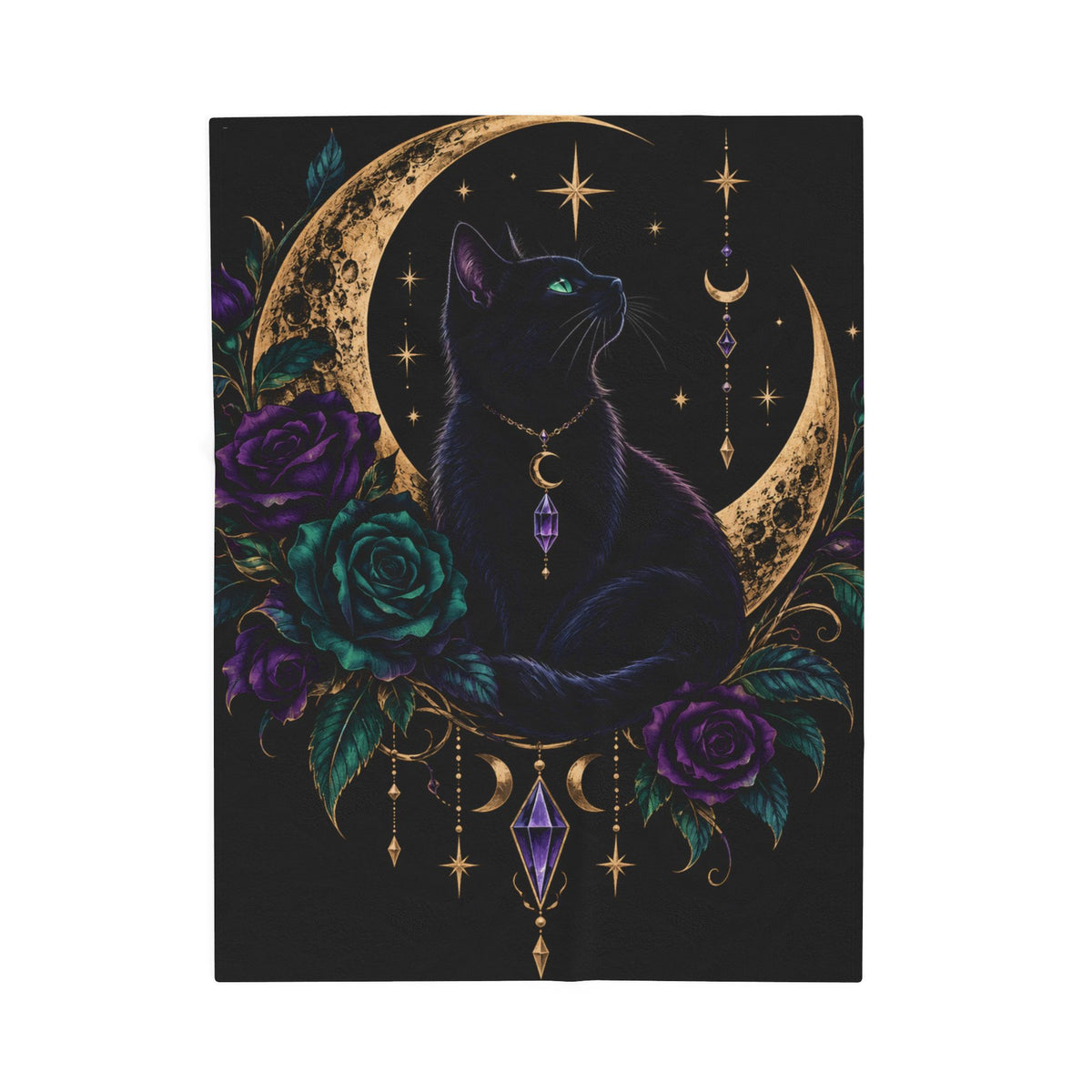 Jewel-tone Mystic Moon Cat Velveteen Plush Blanket