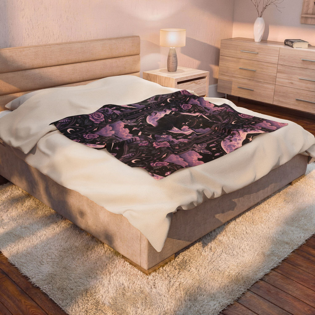 Pastel Mystic Moon Cat Velveteen Plush Blanket — Gothic Black Cat on Crescent Moon, Cozy Witchy Throw