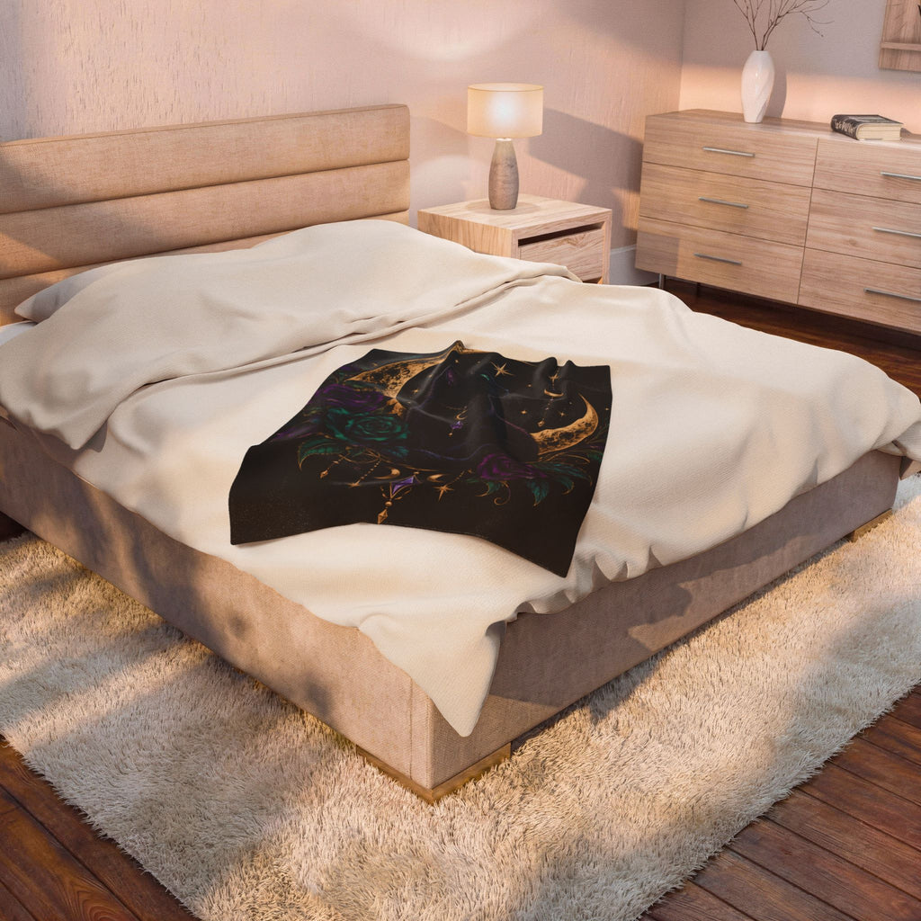 Jewel-tone Mystic Moon Cat Velveteen Plush Blanket
