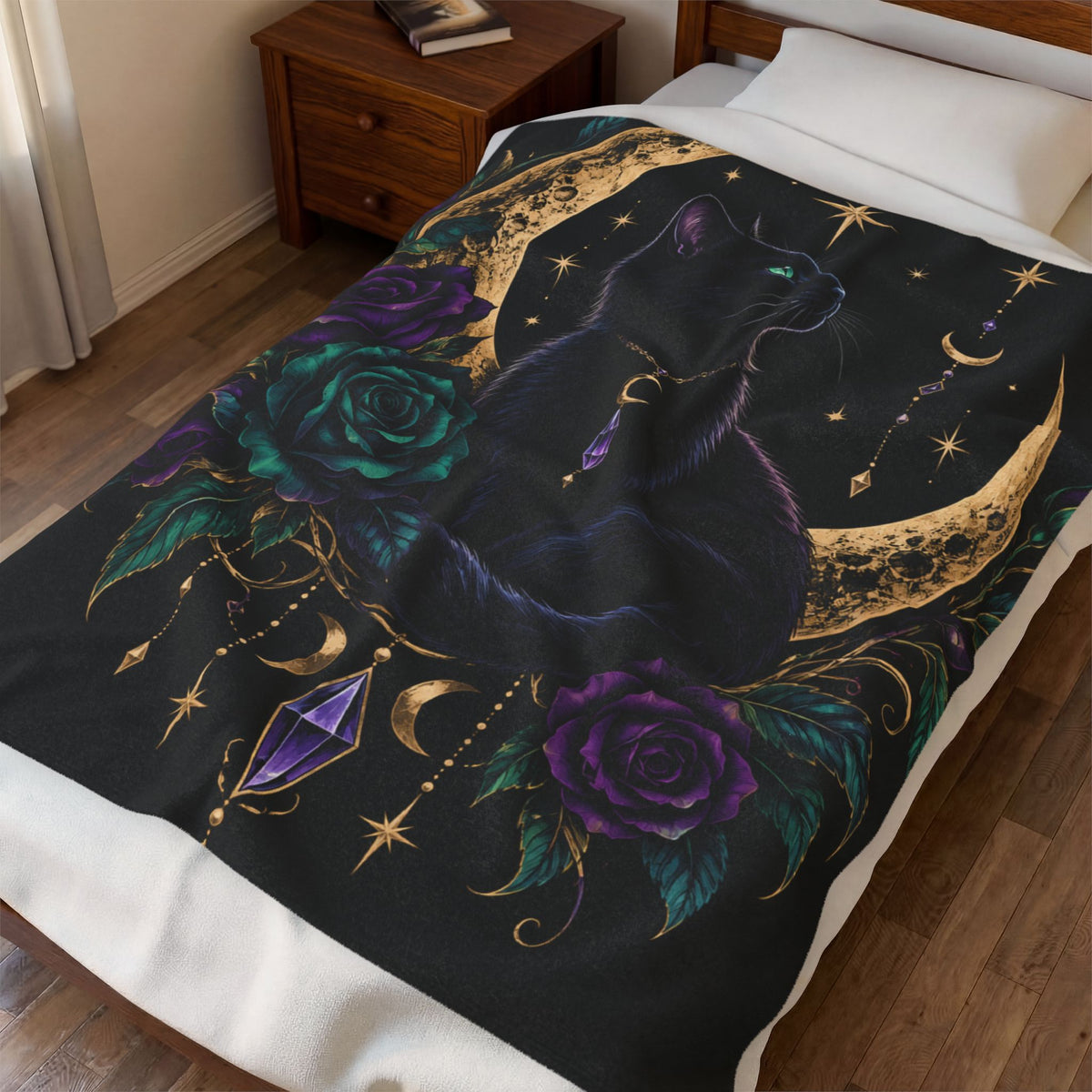 Jewel-tone Mystic Moon Cat Velveteen Plush Blanket
