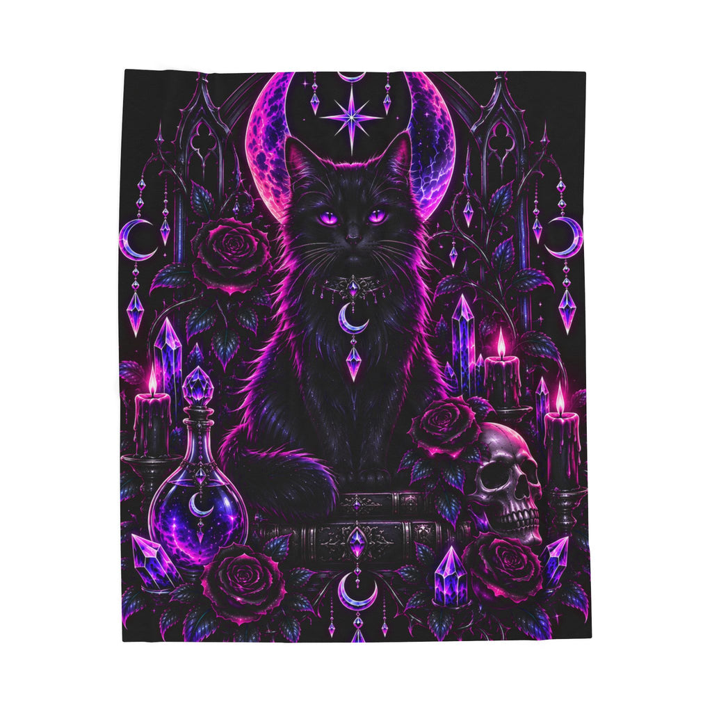Neon Mystic Black Cat Velveteen Plush Blanket — Gothic Moon & Crystal Design