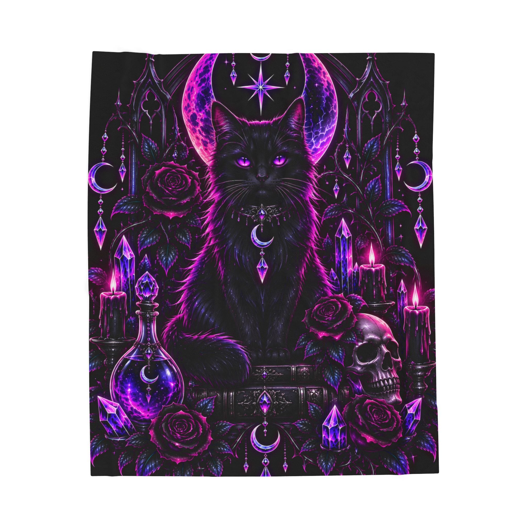 Neon Mystic Black Cat Velveteen Plush Blanket — Gothic Moon & Crystal Design