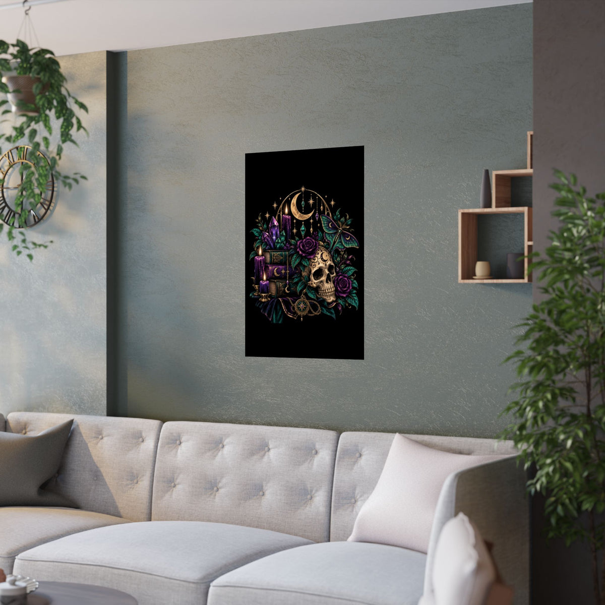 Jewel-tone Mystic Skull & Moon Satin Poster — Gothic Candle, Crystals & Moth Wall Art