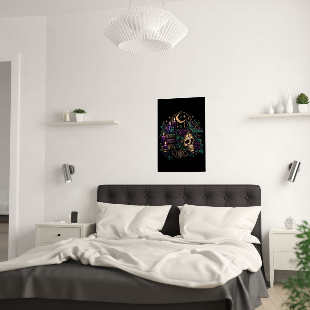 Jewel-tone Mystic Skull & Moon Satin Poster — Gothic Candle, Crystals & Moth Wall Art