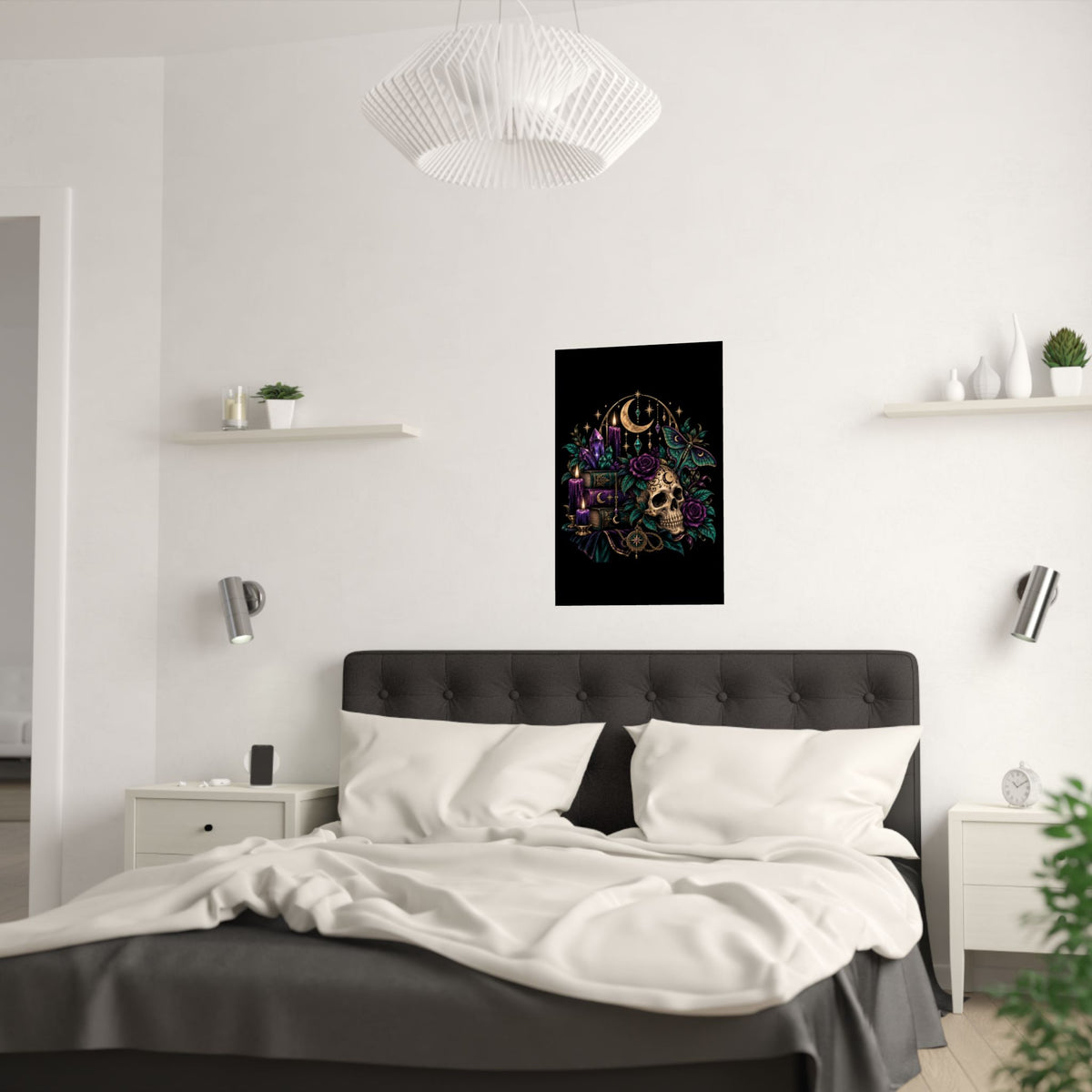 Jewel-tone Mystic Skull & Moon Satin Poster — Gothic Candle, Crystals & Moth Wall Art