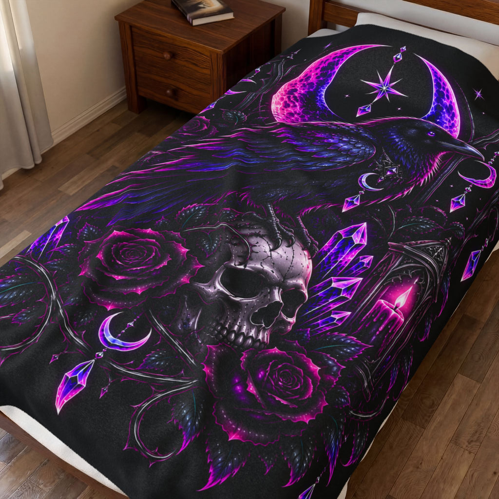 Neon Gothic Raven Moon Velveteen Plush Blanket — Skull, Roses & Crystal Lantern Throw