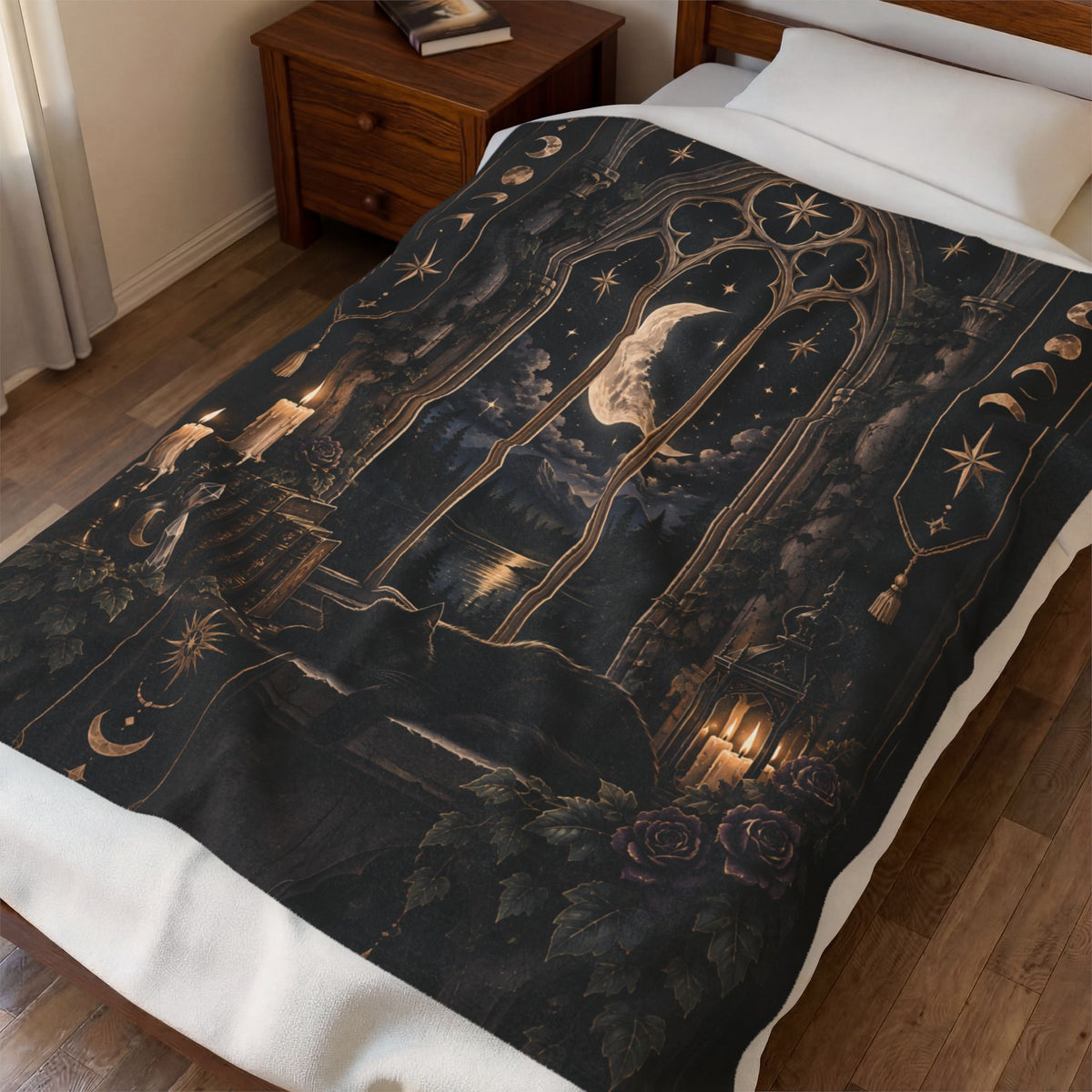 Shadow Velveteen Plush Blanket - Moonlit Gothic Window
