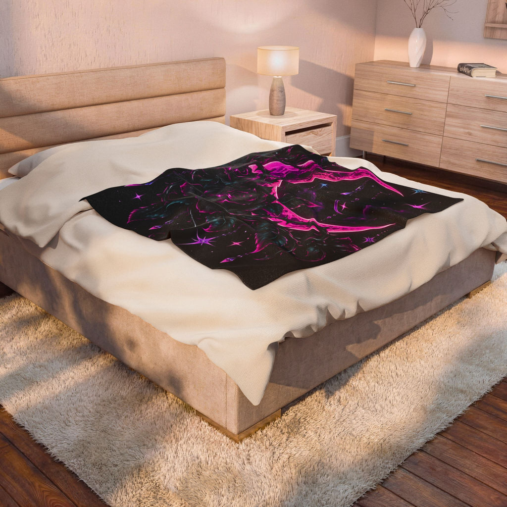 Moonlight Rose Velveteen Plush Blanket — Neon Pink Crescent Moon & Stars