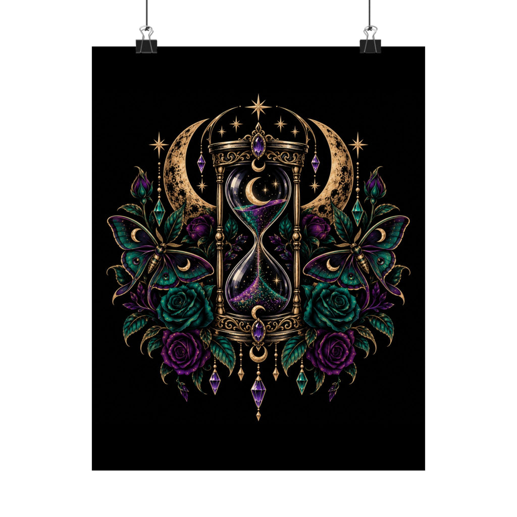 Jewel-tone Mystic Hourglass Satin Poster — Celestial Moon, Roses & Butterflies Wall Art