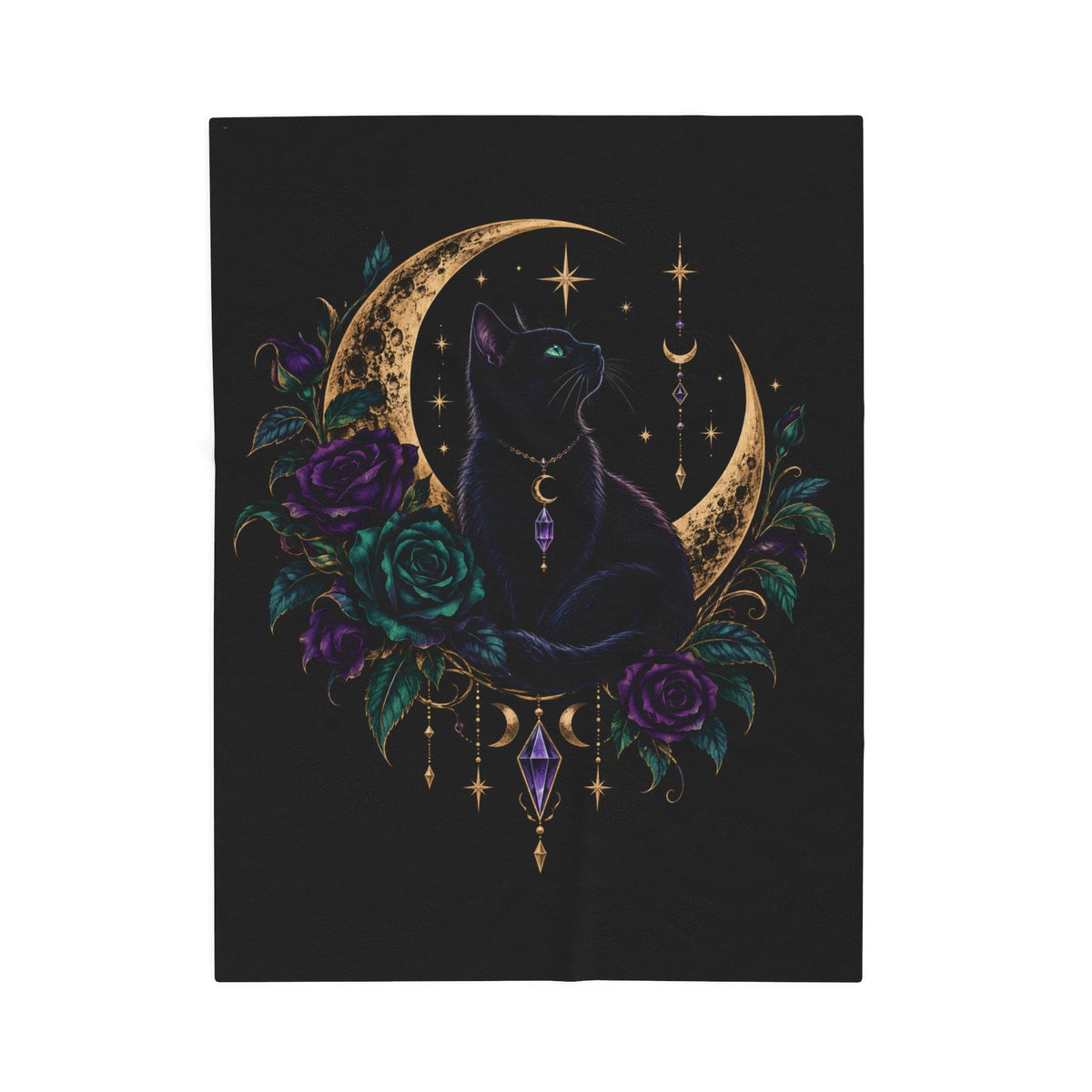 Jewel-tone Mystic Moon Cat Velveteen Plush Blanket