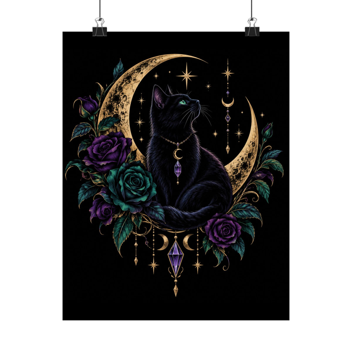 Jewel-tone Mystic Black Cat Moon Satin Poster — Gothic Rose Wall Art