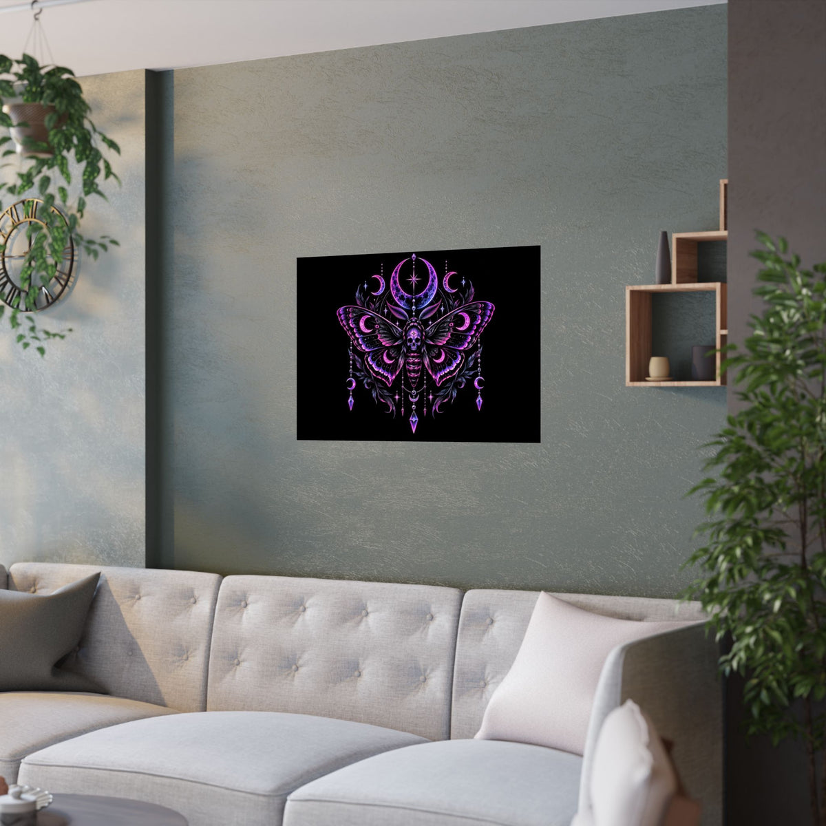Neon Gothic Moon Moth Satin Poster — Neon Purple Skull Moth Wall Art