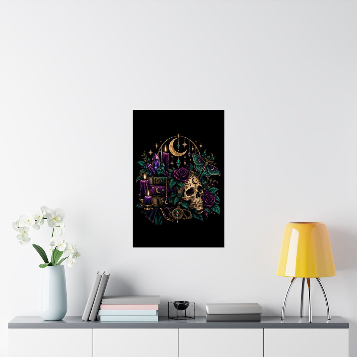 Jewel-tone Mystic Skull & Moon Satin Poster — Gothic Candle, Crystals & Moth Wall Art