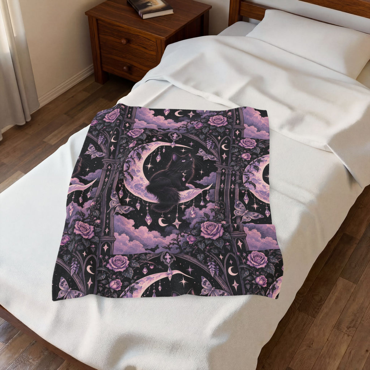 Pastel Mystic Moon Cat Velveteen Plush Blanket — Gothic Black Cat on Crescent Moon, Cozy Witchy Throw