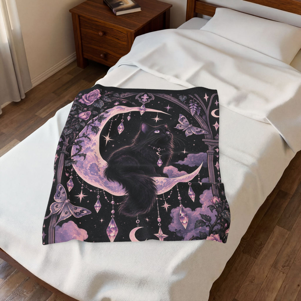 Mystic Moon Cat Velveteen Plush Blanket — Gothic Black Cat on Crescent Moon, Cozy Witchy Throw