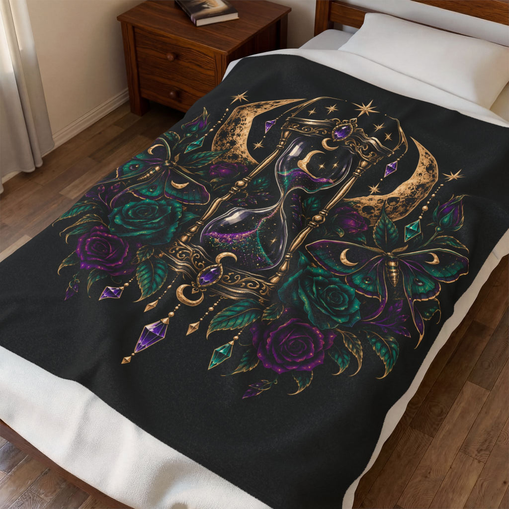 Jewel-tone Mystic Hourglass Velveteen Plush Blanket — Gothic Moon & Jewel Floral Throw