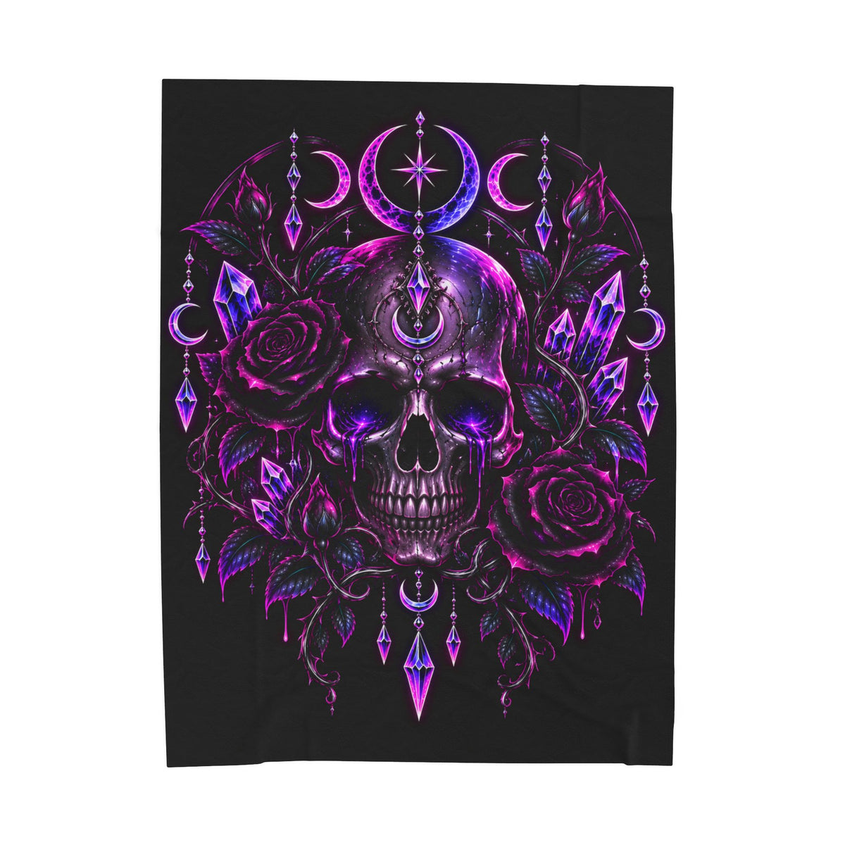 Neon Moonlight Rose Velveteen Plush Blanket — Neon Pink Crescent Moon & Stars