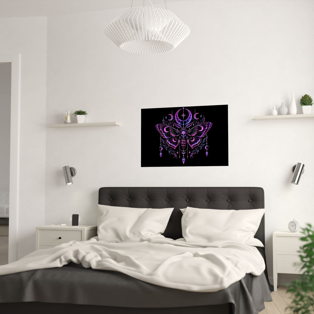 Neon Gothic Moon Moth Satin Poster — Neon Purple Skull Moth Wall Art