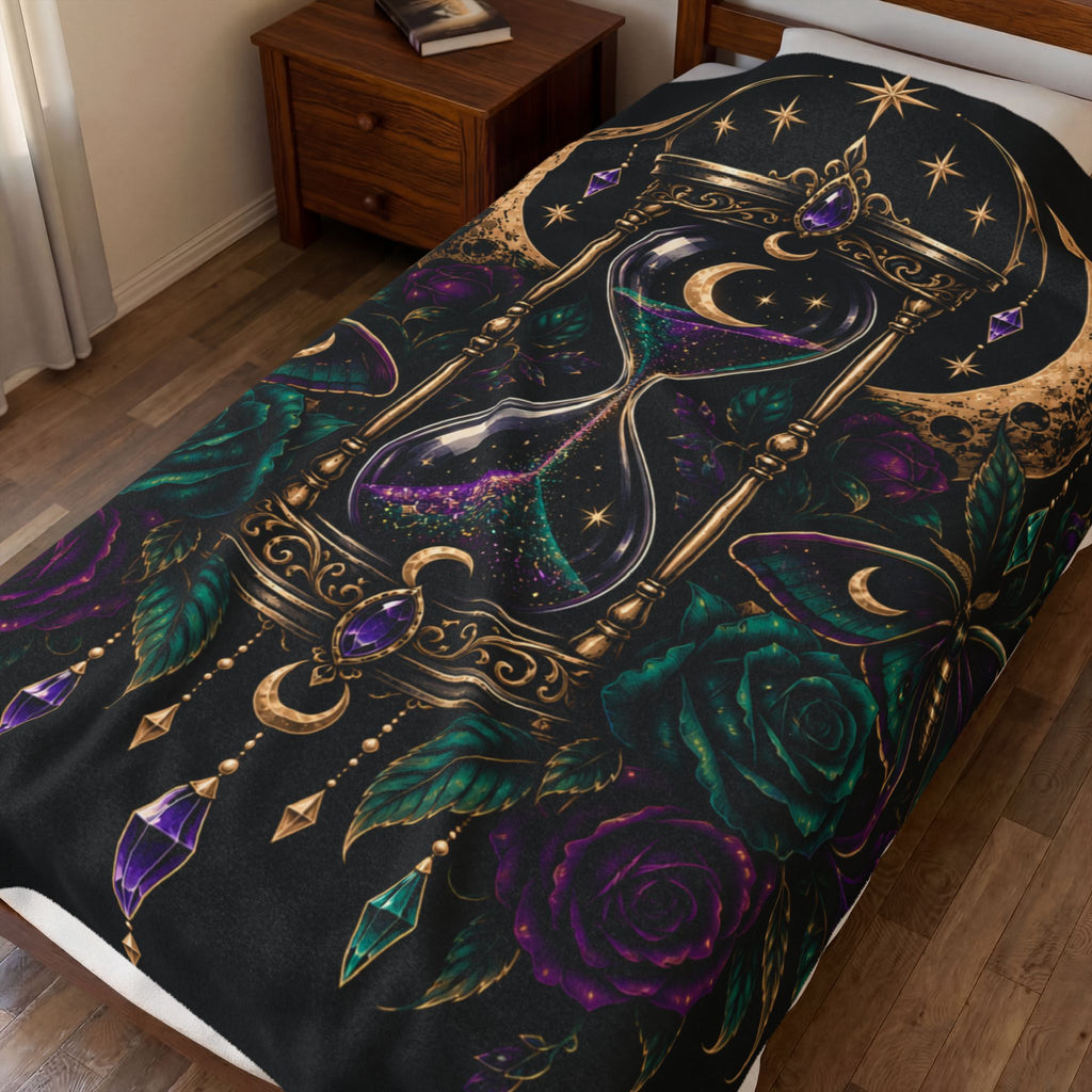 Jewel-tone Mystic Hourglass Velveteen Plush Blanket — Gothic Moon & Jewel Floral Throw