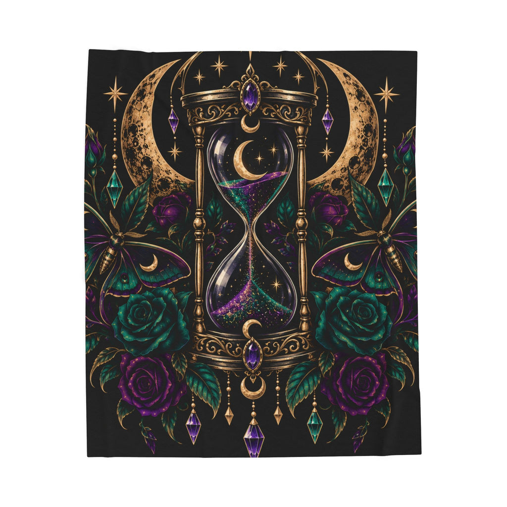 Jewel-tone Mystic Hourglass Velveteen Plush Blanket — Gothic Moon & Jewel Floral Throw